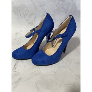 READYSALETED Casual Blue Suede High Heel‎ Pumps US 7 T-Strap Closed Toe Stiletto